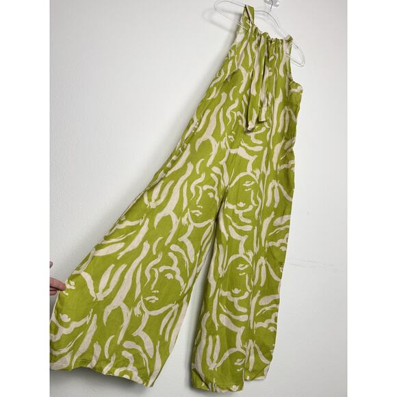 Linen Jumpsuit Womens OS One size Green Abstract Wide Leg Sleeveless Tie Relaxed - Picture 2 of 13